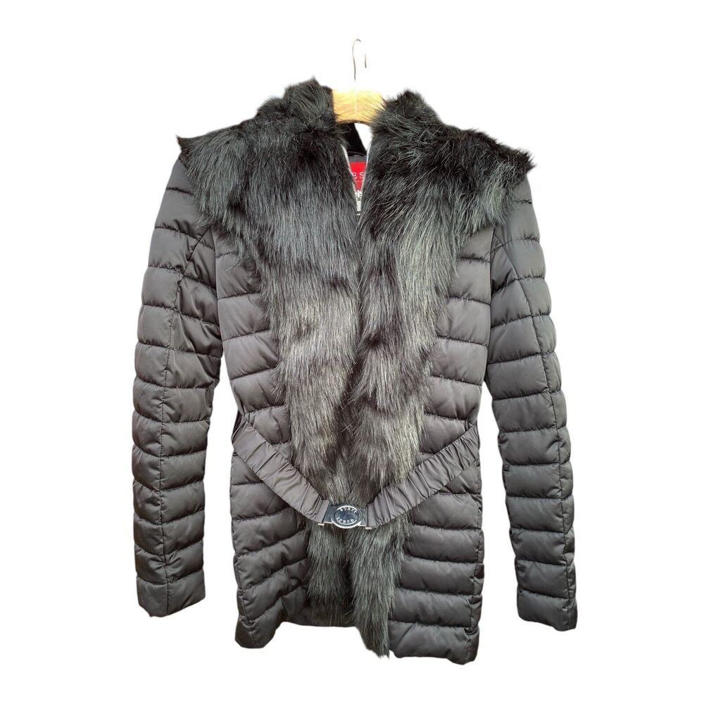 Guess Tori Quilted Fur Trim Faux Leather Jacket Size S Jet Black Hardware NWT